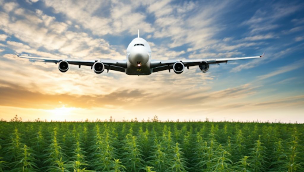 airplane flies over a large cannabis field